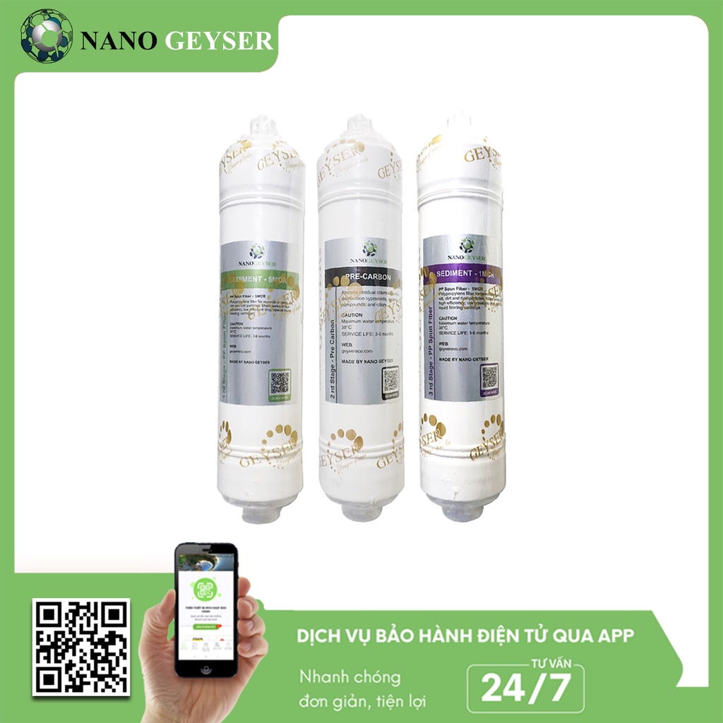 Bộ 3 lõi đúc máy lọc nước 123 dùng cho máy RO lõi đúc, Geyser SLIM, Mutosi, Lõi Sediment 5MCR, Pre Carbon, Sediment 1MCR