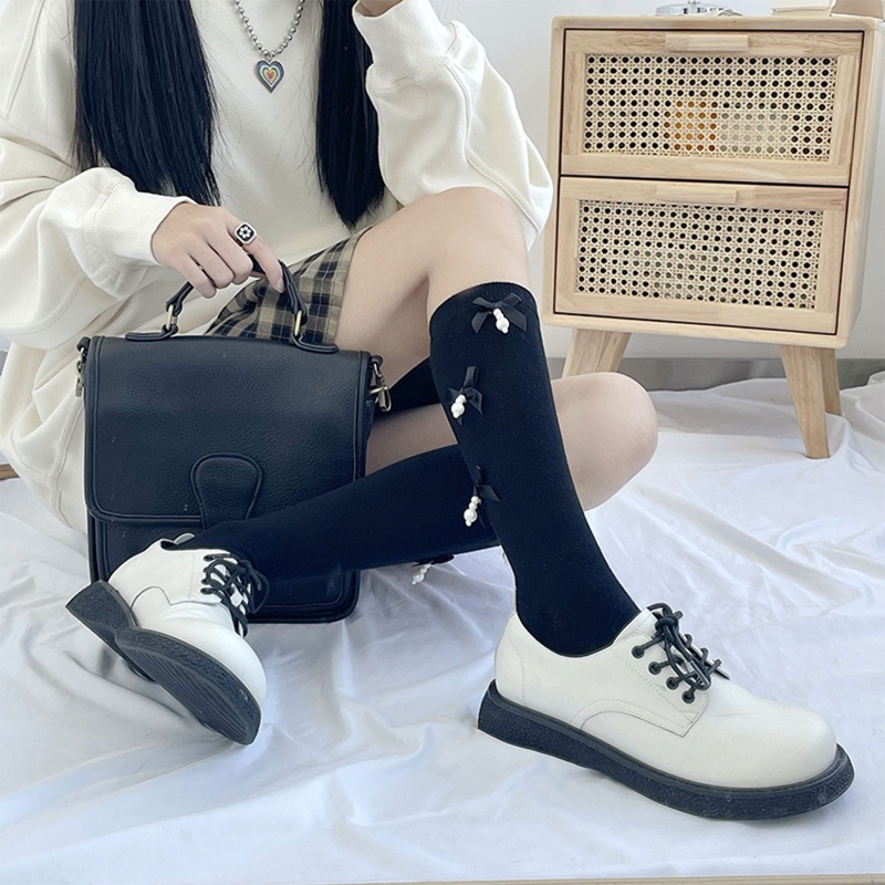 Xixi Vớ Cotton Cao Đến Đầu Gối Đính Nơ Phối Ngọc Trai Ngọt Ngào Phong Cách Harajuku Cho Nữ Sinh