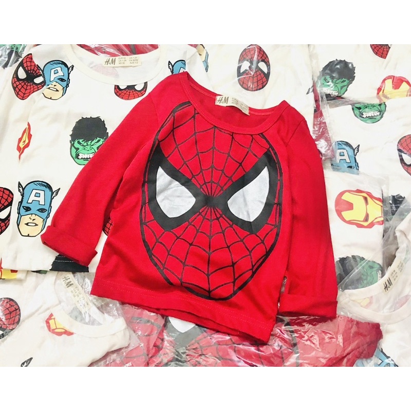 Set 2 áo cotton dài tay nhện đỏ trắng cho bé trai size từ 12-32 cân