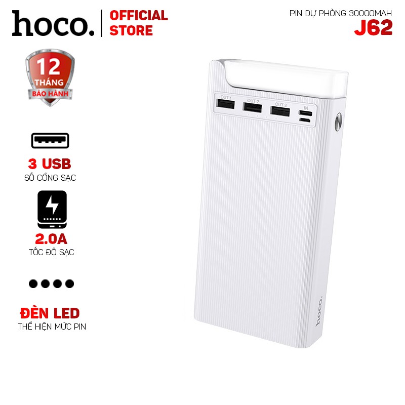 Pin sạc dự phòng Hoco J62 30000mah 3 cổng USB 2.0A có đèn led