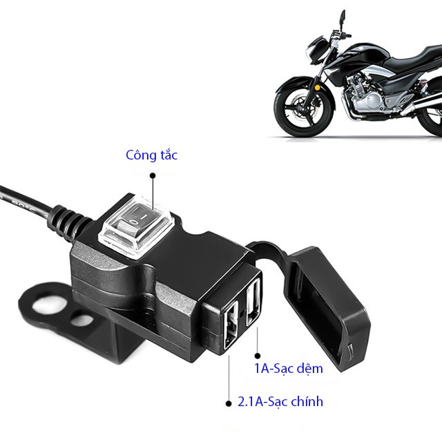 Bộ sạc điện thoại 2 cổng USB trên mô tô xe máy