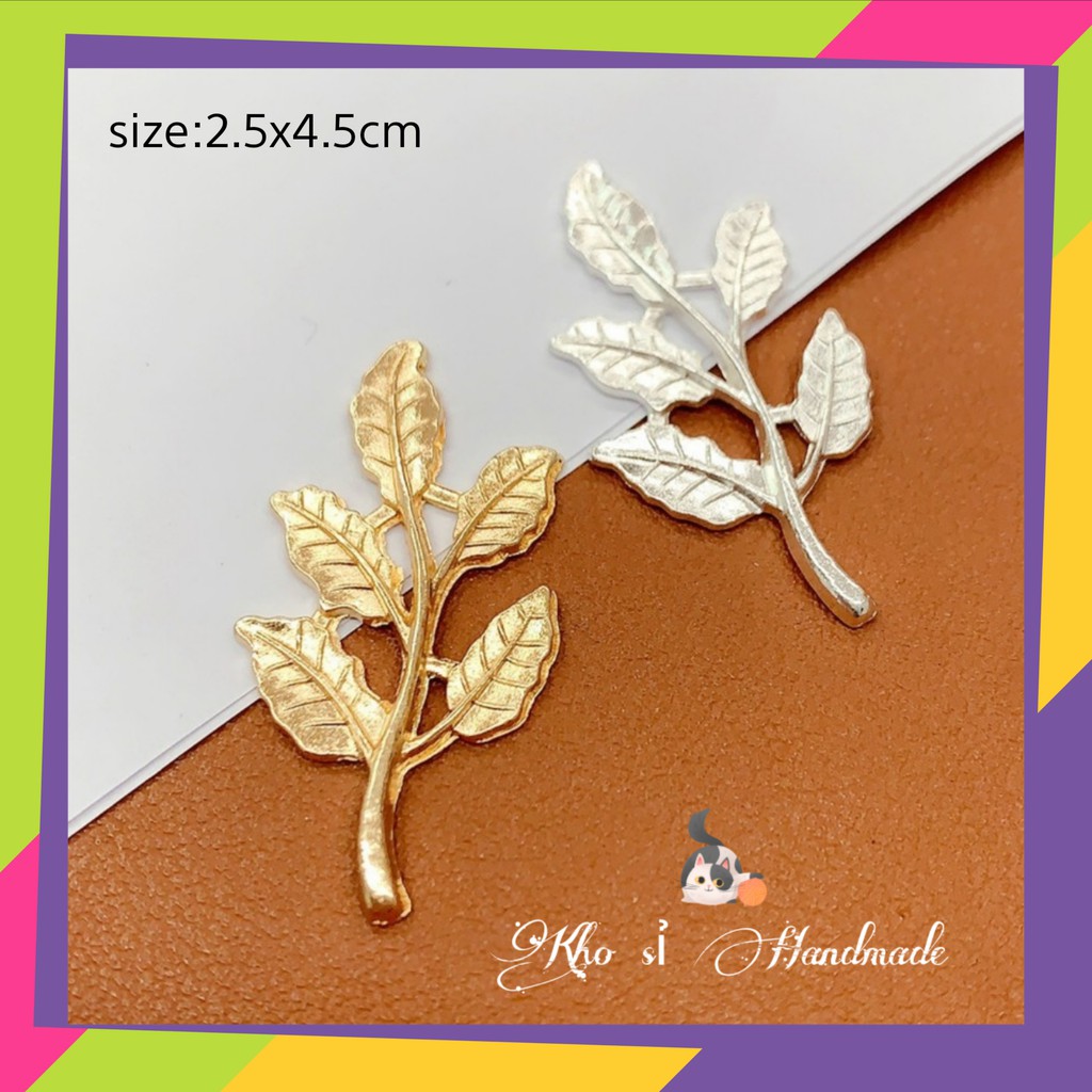 Cành 5 lá mạ kim loại 2.5*4.2cm - Phụ kiện đính túi, ví, hoa vải, bờm nơ, cài áo  Handmade