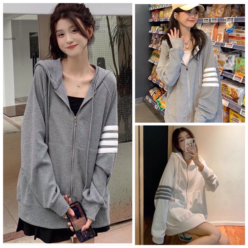 Áo Khoác Hoodie Khoá Kéo Mũ Sọc Tay Xám Trắng Bo Tăm Form Rộng