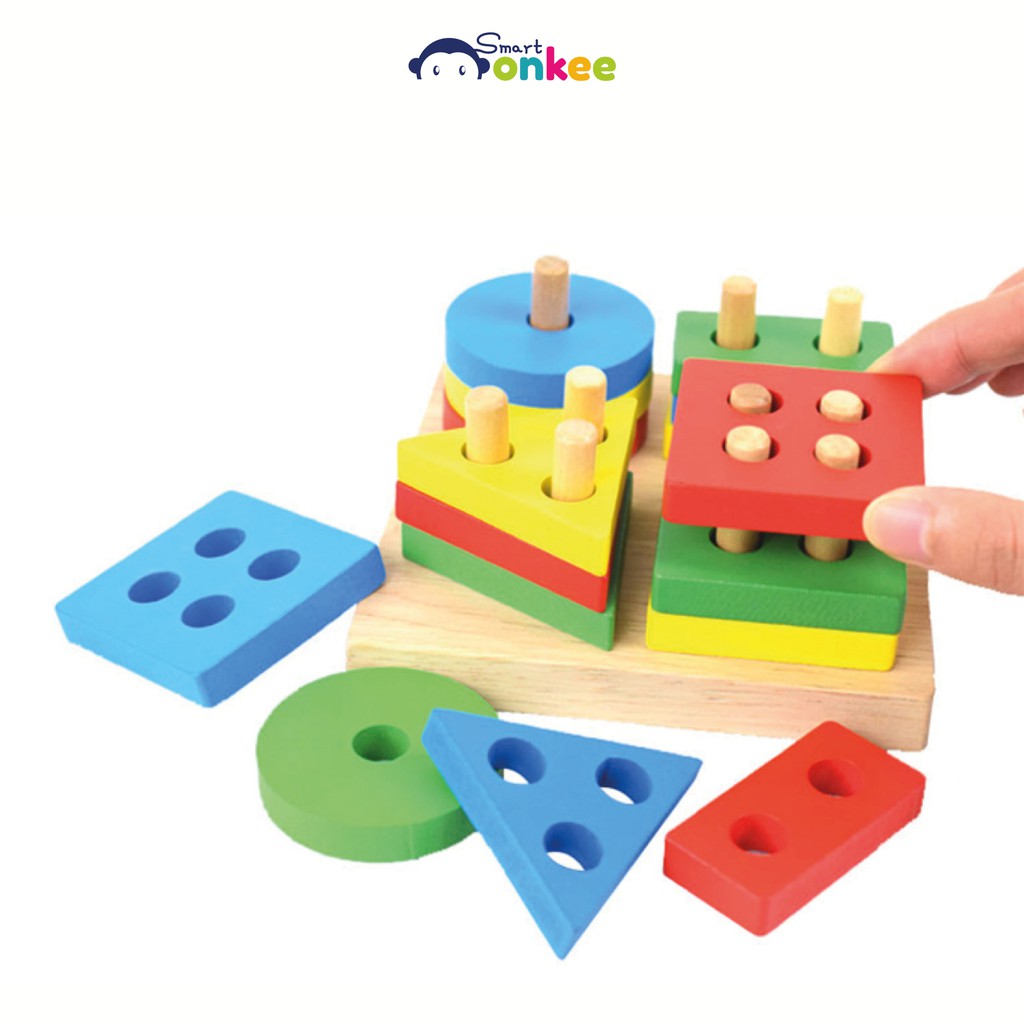 Đồ chơi Montessori xếp hình vào cột thẳng Wooden Geometric Sorting Blocks | Đồ chơi cho bé từ 1 tuổi