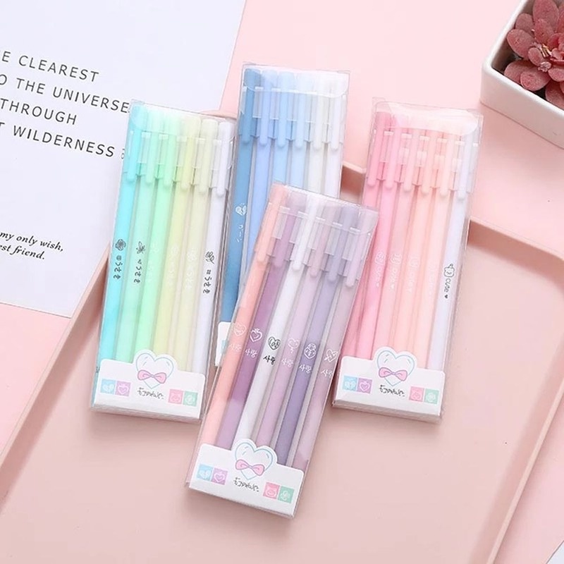 Bộ 6 bút mực gel màu đen vỏ màu sắc morandi dành cho học sinh