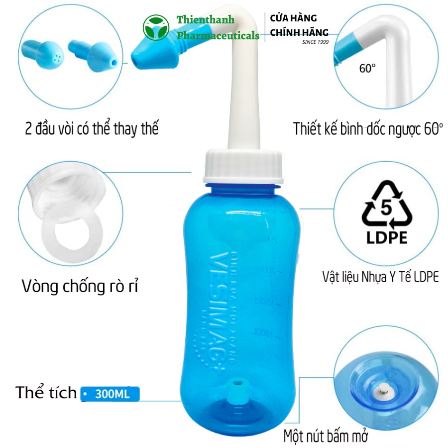 Bộ rửa mũi Vesim AG+ Nano bạc cải tiến 300ml và 30 gói muối rửa mũi xoang Nano Bạc vệ sinh mũi, ngăn ngừa viêm xoang