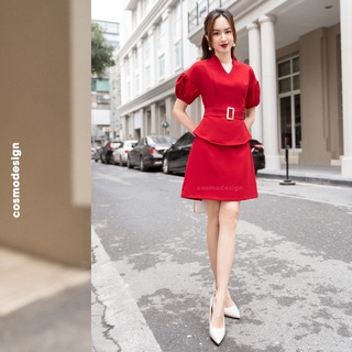 Váy ôm cosmo design đỏ tay dúm phồng thắt đai eo