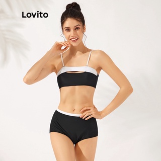 Ảnh chụp Set bikini Lovito ghép nối màu sắc cắt xẻ dây mảnh với miếng đệm có thể tháo rời L23AD057 (màu trắng và đen) tại Nước ngoài