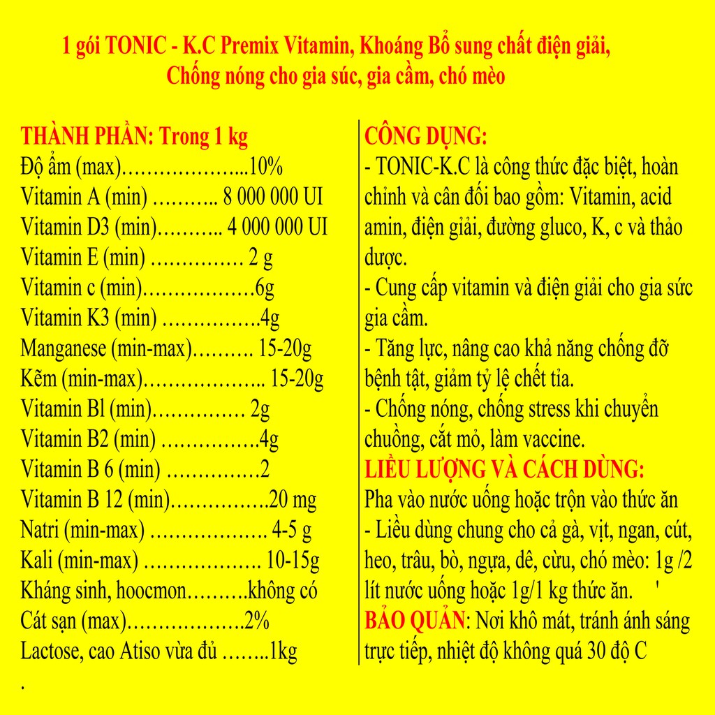 1 gói TONIC - K.C 100g Premix Vitamin, Khoáng Bổ sung chất điện giải, Chống nóng cho gia súc, gia cầm, chó mèo