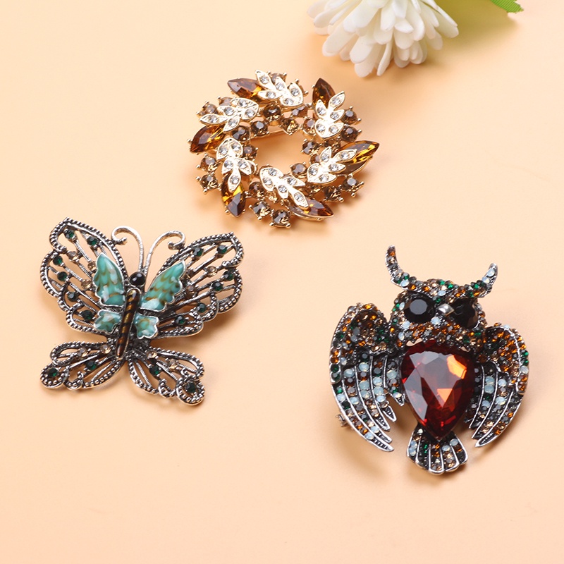 Trâm Cài Áo Hình Cú Mèo / Vòng Hoa / Giọt Nước Pha Lê Cỡ Lớn Phong Cách Vintage Thời Trang