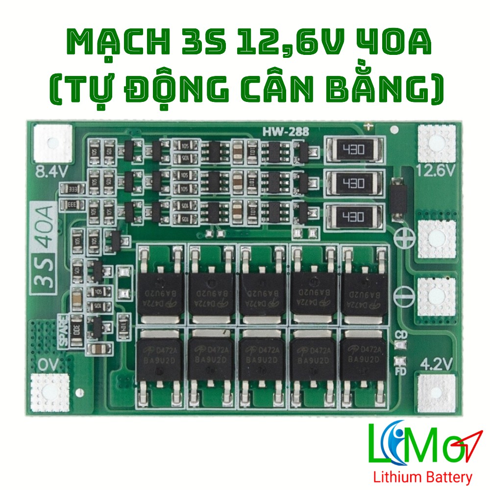 Mạch 3S 40A. Mạch bảo vệ khối pin Lithium 18650 3S 12,6V tự động cân bằng, xả liên tục 40A - LIMO