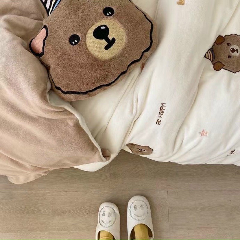 Bộ chăn ga gối Nỉ Nhung Gấu Teddy phiên bản nỉ nhung mịn