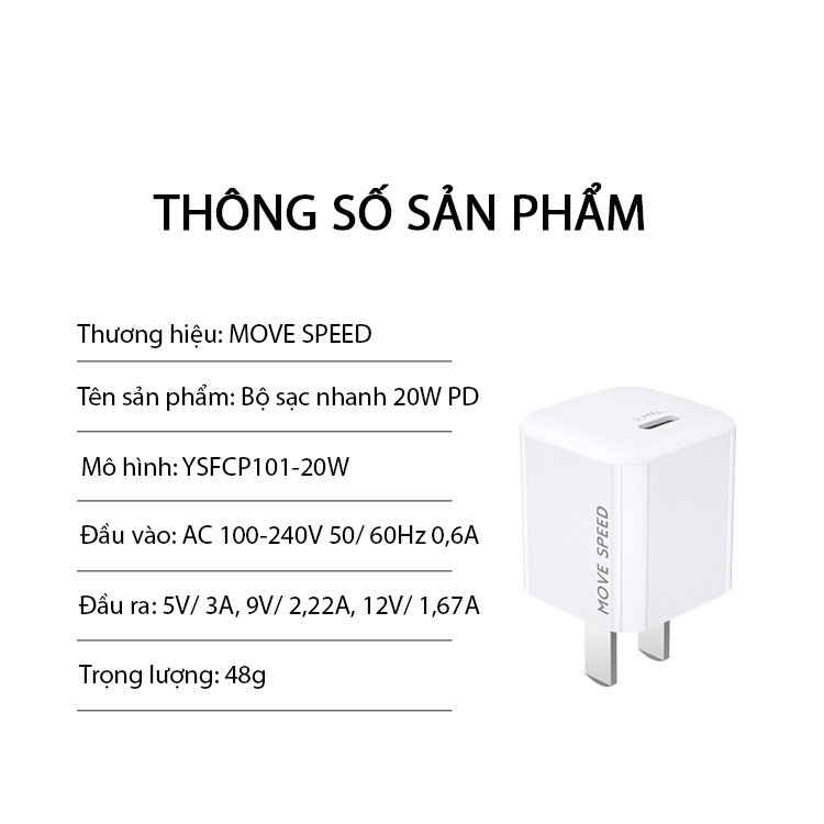 Củ Sạc Nhanh 20W PD101 MOVE SPEED - Sạc Nhanh Type C 20W Dành Cho Iphone, Ipad, Samsung, Huwei..