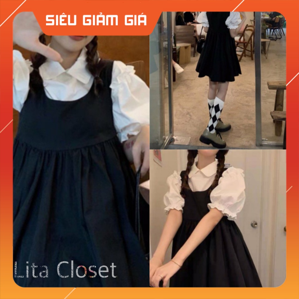 Đầm Yếm Nữ Đen Phối Màu Cộc Tay 🎀🎀FREESHIP🎀🎀Váy Yếm Nữ Có Cổ Dáng Lỡ Chất Đũi - Lita Closets