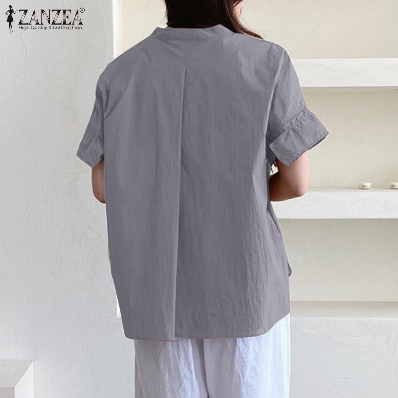 Áo sơ mi ZANZEA tay ngắn cổ đứng thiết kế xẻ tà phong cách thời trang dành cho nữ