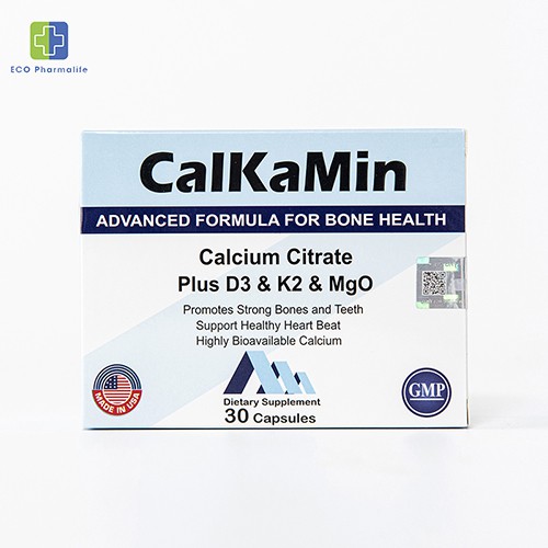 Calkamin - Bổ sung Canxi và vitamin K2, vitamin D3 cho cơ thể, hỗ trợ xương, răng chắc khoẻ - Hộp 30 viên