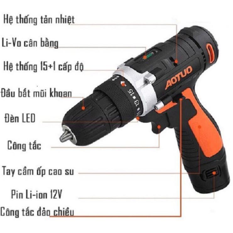 MÁY KHOAN, BẮT VÍT 2 CHIỀU AOTUO DÙNG PIN 12V