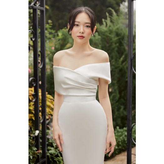 Đầm váy dạ hội, cô dâu đi bàn, chụp ảnh cưới mặc 2 trong 1, body bẹt vai xếp ly đuôi cá kèm tùng xòe