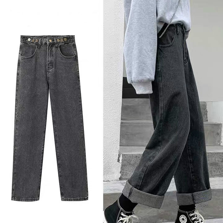 Quần jeans nữ eo cao ống rộng thời trang năng động trẻ trung