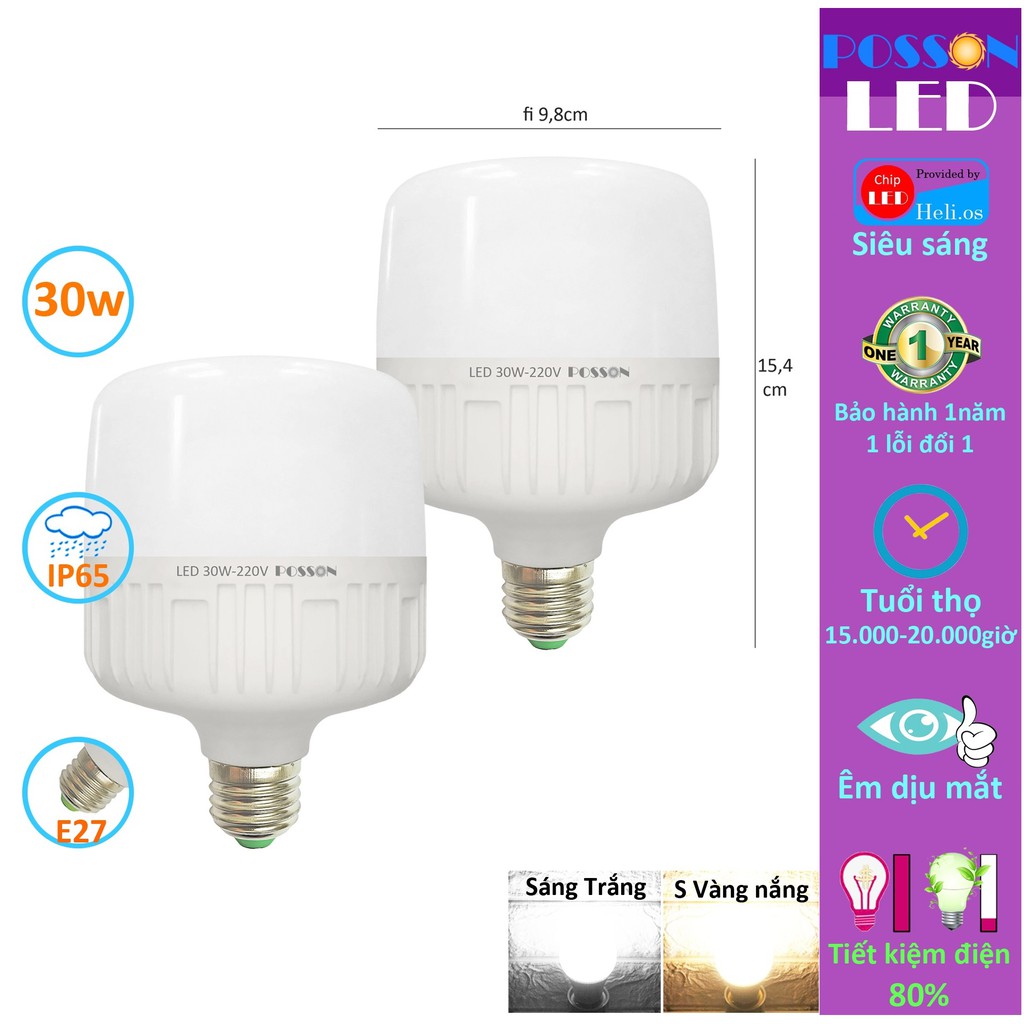 2 Bóng đèn Led trụ 30w bup trụ siêu sáng tiết kiệm điện kín chống nước Posson SG LC-30x