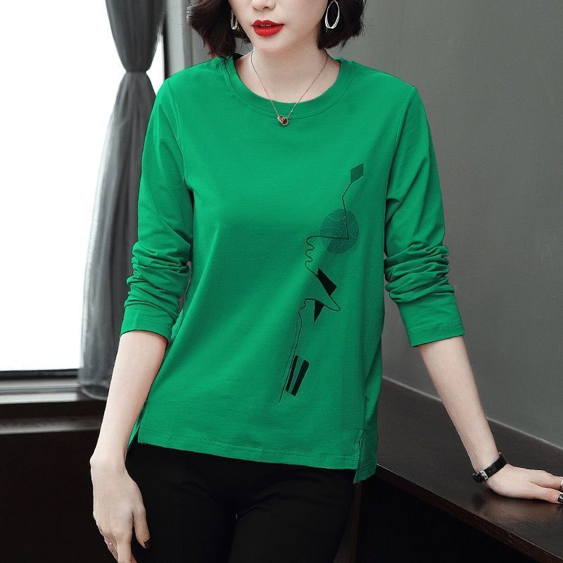 Áo thun cotton tay dài dáng rộng in họa tiết thời trang cho phụ nữ trung niên