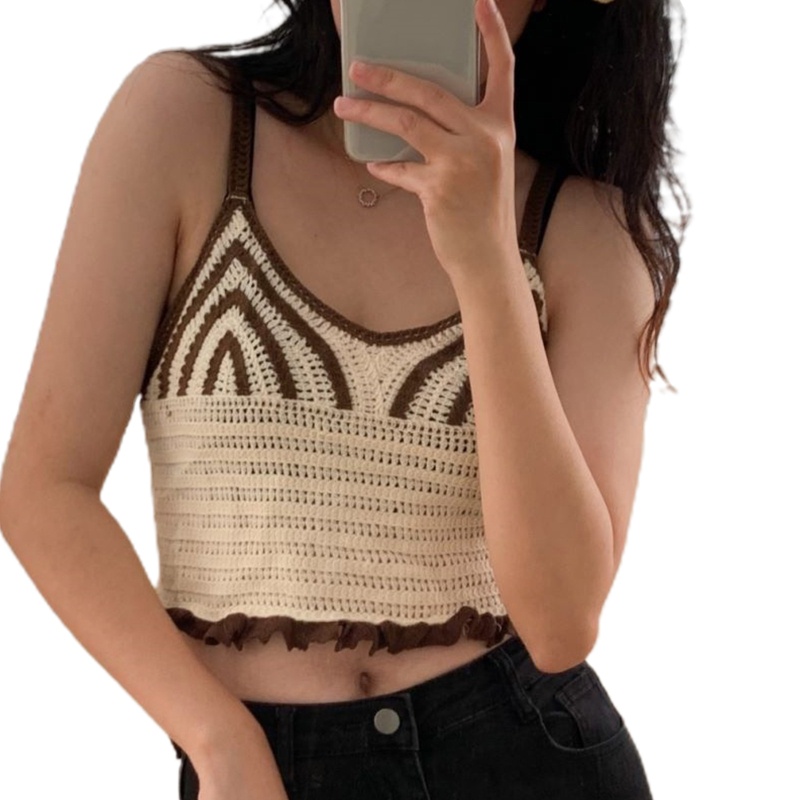 Áo Croptop Dệt Kim Hai Dây Kẻ Sọc Kiểu Vintage Đường Phố Hàn Quốc Thời Trang Mùa Hè Cho Bạn Gái