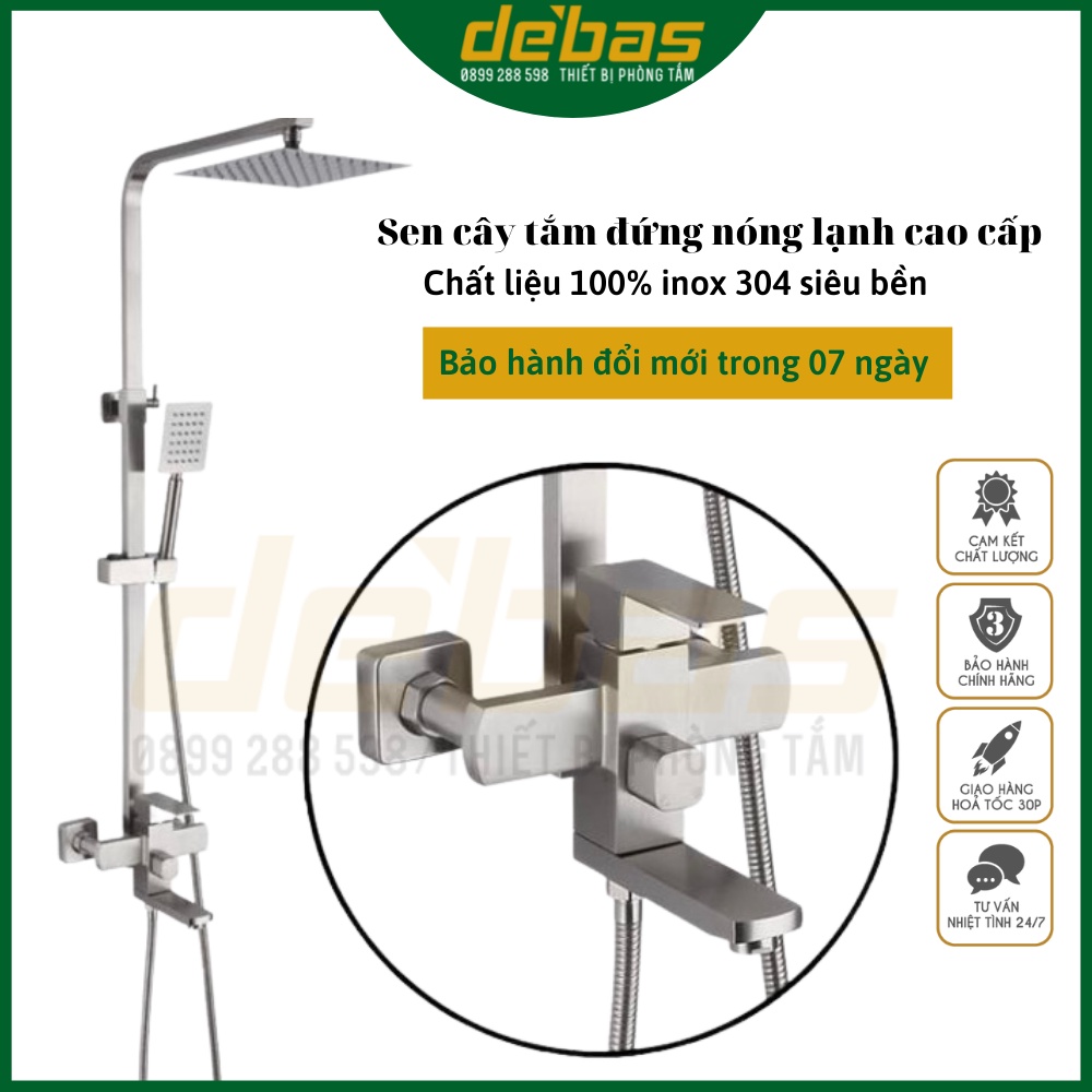 Bộ Sen Cây Tắm Đứng Nóng Lạnh INOX 304 và tay sen và dây inox 304 không han gỉ DEBAS SCI03 SEN CÂY VUÔNG