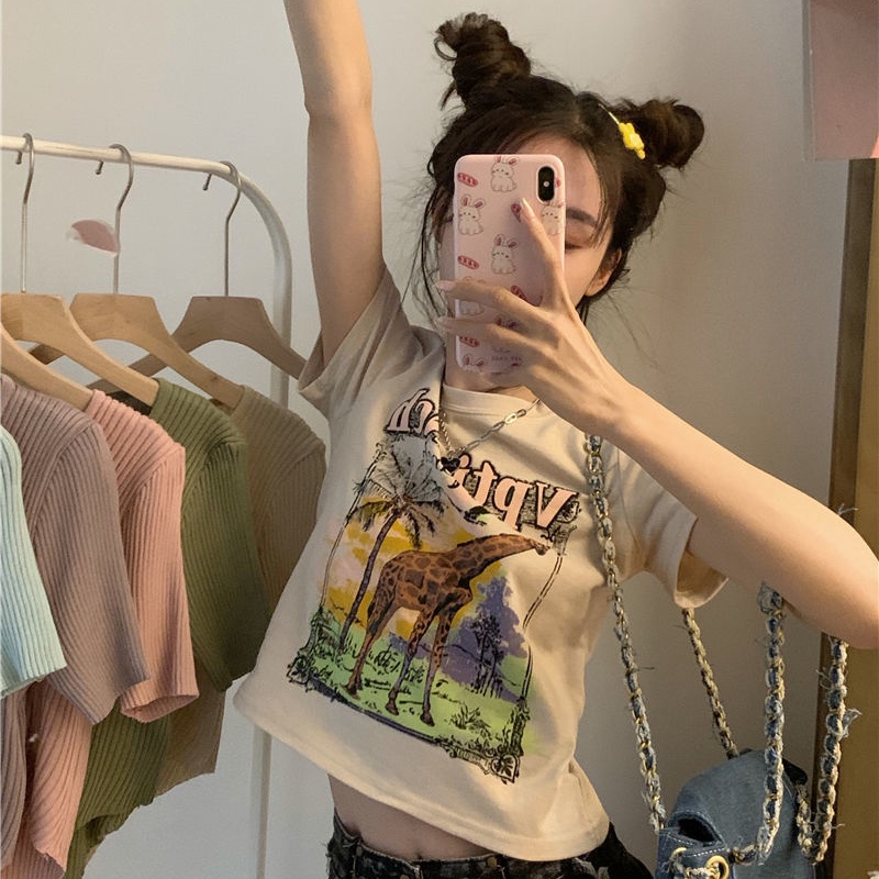 Áo Thun Ngắn Tay In Họa Tiết Hươu Cao Cổ Cổ Điển Dành Cho Nữ