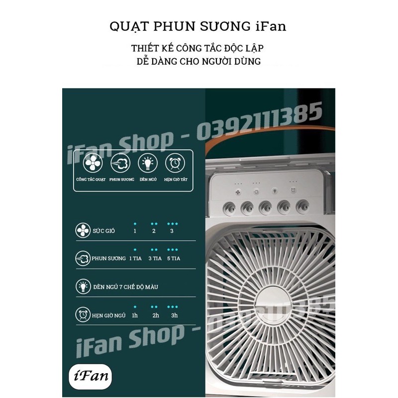 Quạt Phun Sương iFan, quạt bàn Air Cooler Fan với 5 vòi phun + bình chứa 600ml, có 7 màu đèn ngủ và 3 chế độ hẹn giờ tắt