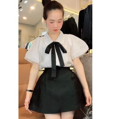 Áo sơ mi nữ, Sơ mi nữ kiểu tay bồng ngắn tay cổ nơ cực xinh phong cách hàn quốc | BigBuy360 - bigbuy360.vn