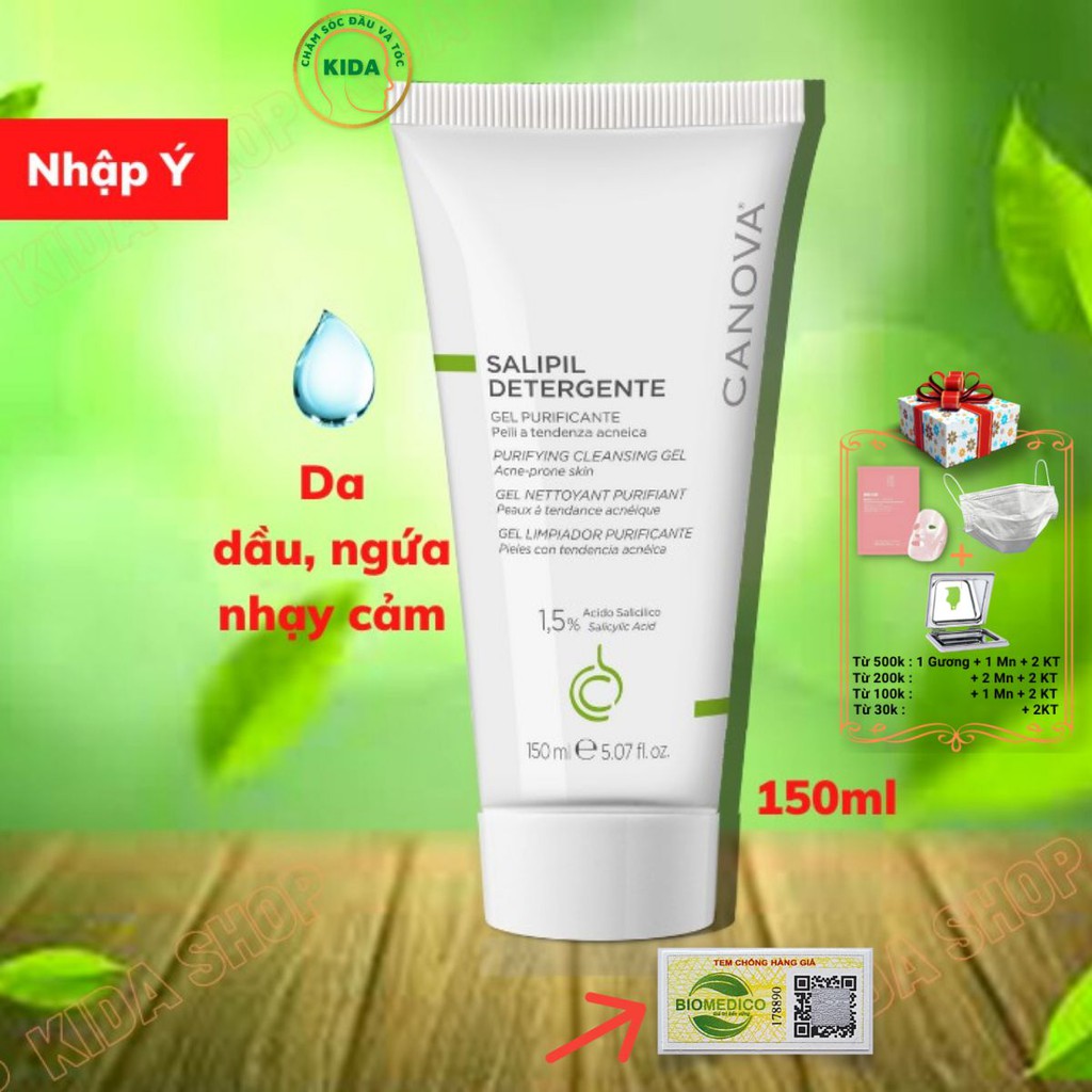 Sữa rửa mặt kiềm dầu, giảm mụn, chăm sóc da sạch mát, sảng khoái cho da dầu mụn ngứa CANOVA 150ml dạng gel  - Nhập Ý