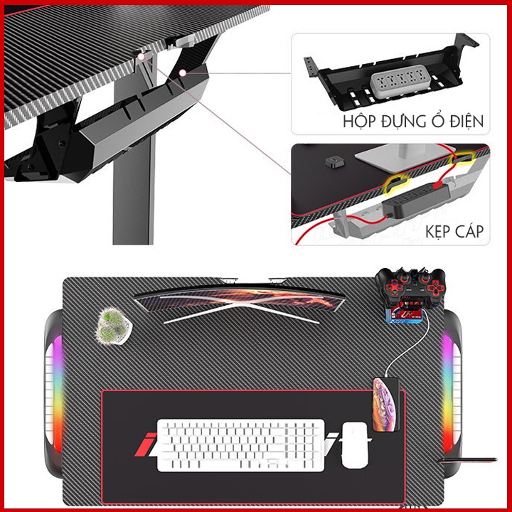 Bàn Gaming Sợi Cacbon. Bàn Chơi Game Cao Cấp. Đèn LED RGB Cảm Biến Âm Thanh. . .