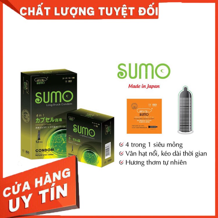 Bao cao su kéo dài thời gian SUMO 4 IN 1 NHẬT BẢN Gân gai kéo dài Hộp 12 chiếc, giao hàng nhanh, kín đáo (CHÍNH HÃNG)