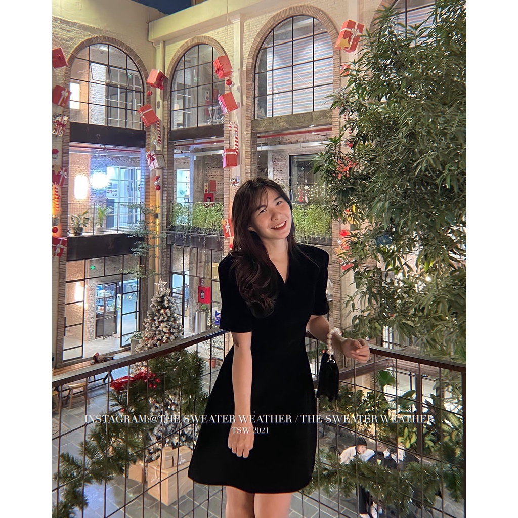 (Ảnh thật) Váy nhung dáng xoè cổ V tay bồng the.sweaterweather TSW | BigBuy360 - bigbuy360.vn