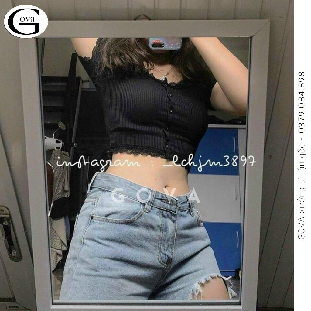 Áo Croptop tay ngắn phối ren Hot Trend Áo kiểu nữ ôm chất thun Cao Cấp gân mềm mát