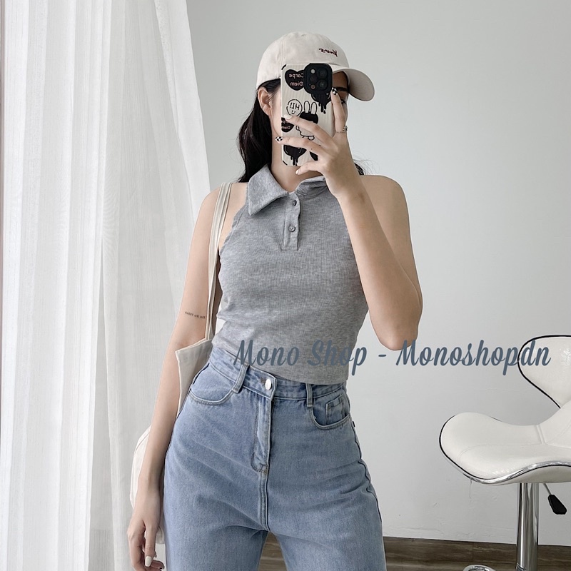 Áo croptop ba lỗ cổ polo nút cài sát nách dáng ôm Ảnh thật/ sẵn