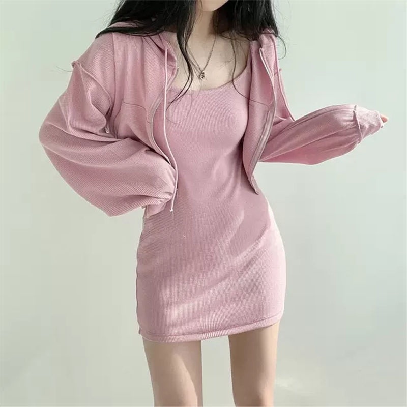 Casual sportswear suit women's  autumn new Korean version net red fried Street fat mm dress sweater two-piece set