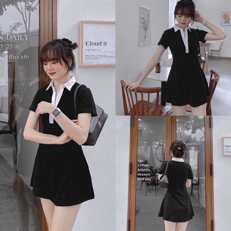 Váy polo cổ bẻ viền trắng - Đầm cộc tay cổ sơ mi dáng suông bánh bèo tiểu thư cá tính ulzzang HOT