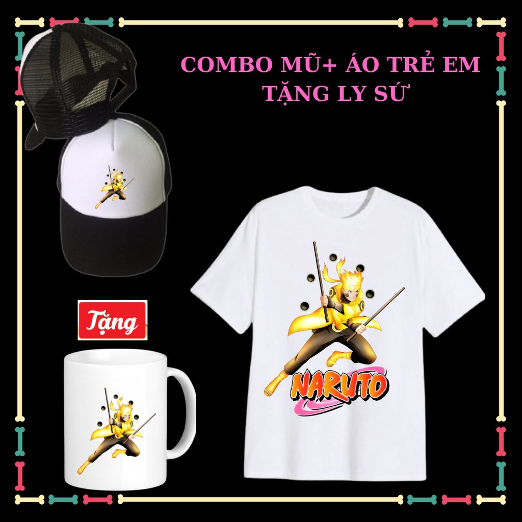 Combo Mũ Áo Naruto lục đạo phong cách cho trẻ em tay ngắn cổ tròn đủ size áo từ 10kg đến 90kg-Tặng Ly sứ Naruto