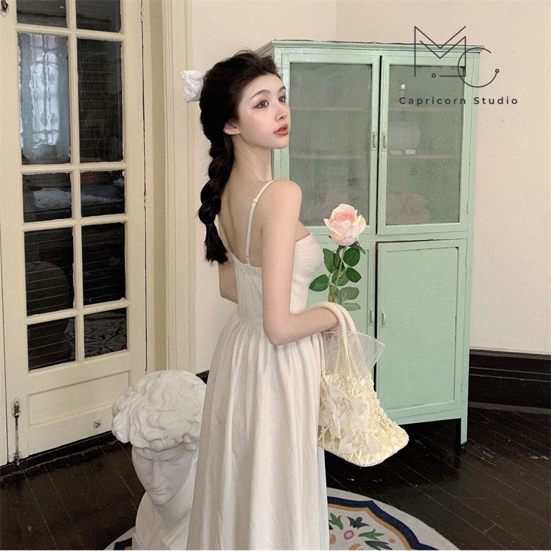 Váy/ Đầm dây màu trắng kiểu sơ mi nhẹ nhàng phong cách retro Pháp