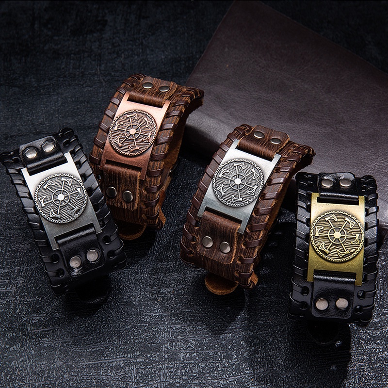 Vòng Tay Dây Da Bện Mặt Kim Loại Khắc Hình La Bàn Phong Cách Bắc Âu Thời Trang Cho Nam