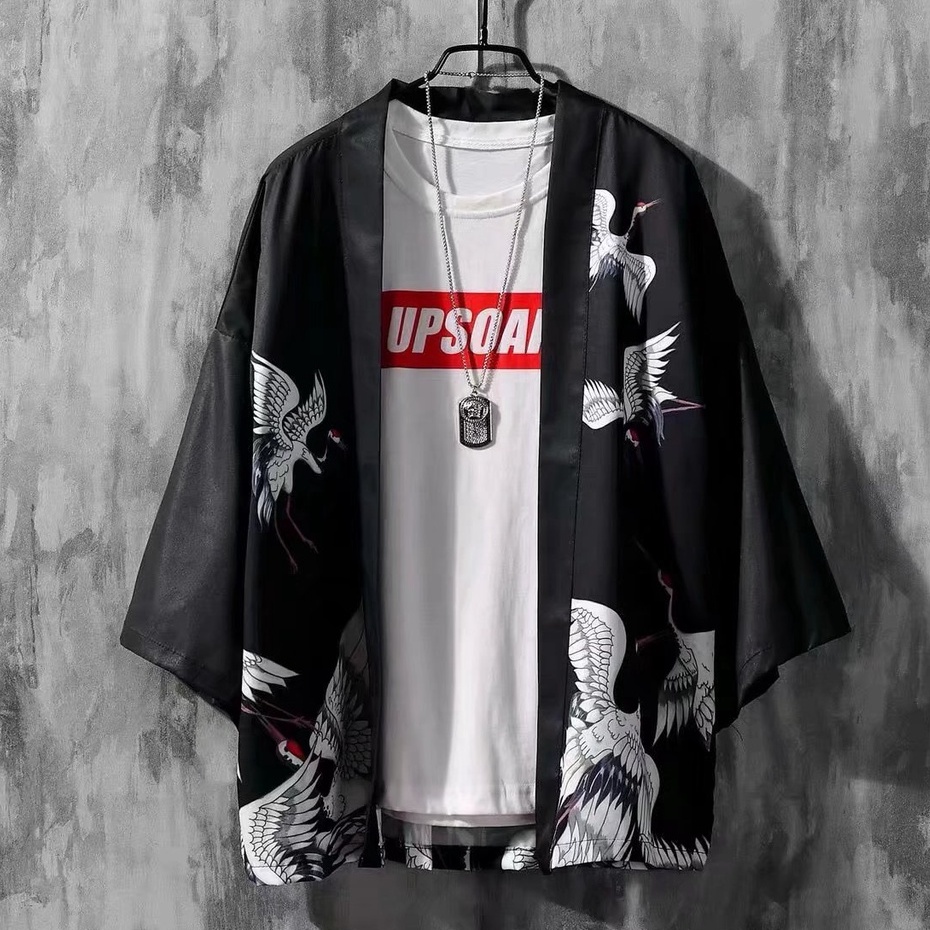 【Giao Hàng Miễn Phí Tại Chỗ】Áo Khoác Kimono Hán Phục Cách Tân Phối Lông Vũ Thời Trang Trung Hoa Giản Dị Cỡ Lớn Phong Cách Cổ Điển Cho Nam
