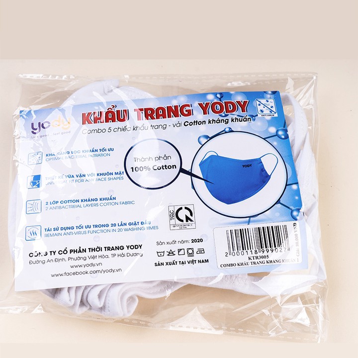 COMBO 5 Khẩu trang YODY, Khẩu Trang Vải Kháng Khuẩn 3 lớp Tiêu Chuẩn, Ngăn Ngừa Bụi Bẩn, Chống Tia UV, Khử Mùi | BigBuy360 - bigbuy360.vn