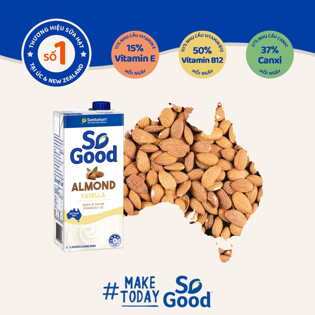 Thùng 12 hộp sữa hạnh nhân hương vani SO GOOD 1 Lít nhập khẩu từ Úc bổ sung canxi và vitamin, thuần chay