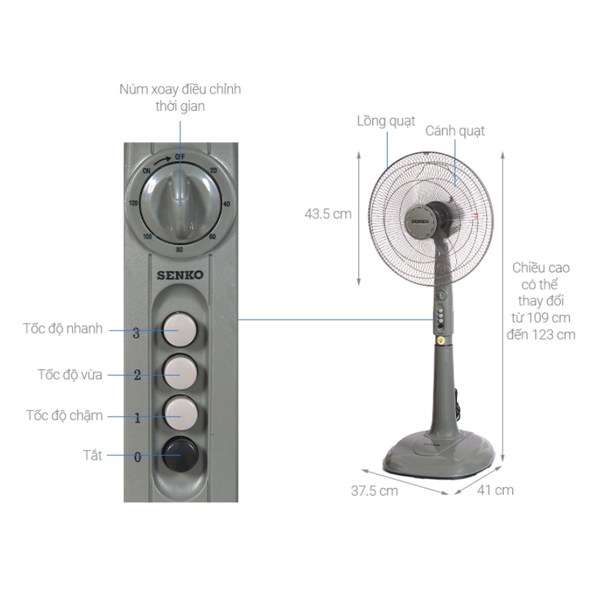 Quạt đứng Senko DH1600 có chức năng hẹn giờ, công suất 47W - Hàng chính hãng