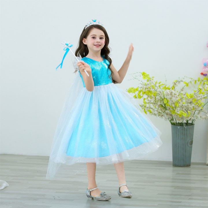 Váy công chúa Elsa màu xanh, kèm tà, mẫu mới nhất siêu lung linh cho bé 3-10 tuổi