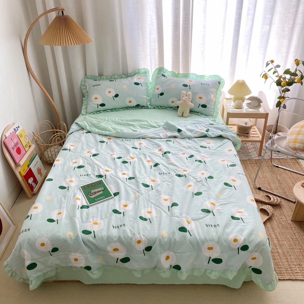 Bộ Chăn Ga Gối Cotton Đũi Bèo 4 Món Chăn Chần Hè Mẫu Mới Nhất 2021