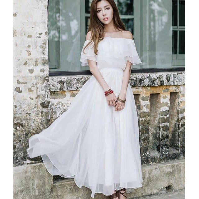 Đầm Maxi Bèo 2 Tầng Trắng Trễ Vai Kết Hợp Đi Tiệc, Đi Biển, Chụp Hình Cưới Cực Yêu (Kèm Ảnh Thật) | BigBuy360 - bigbuy360.vn