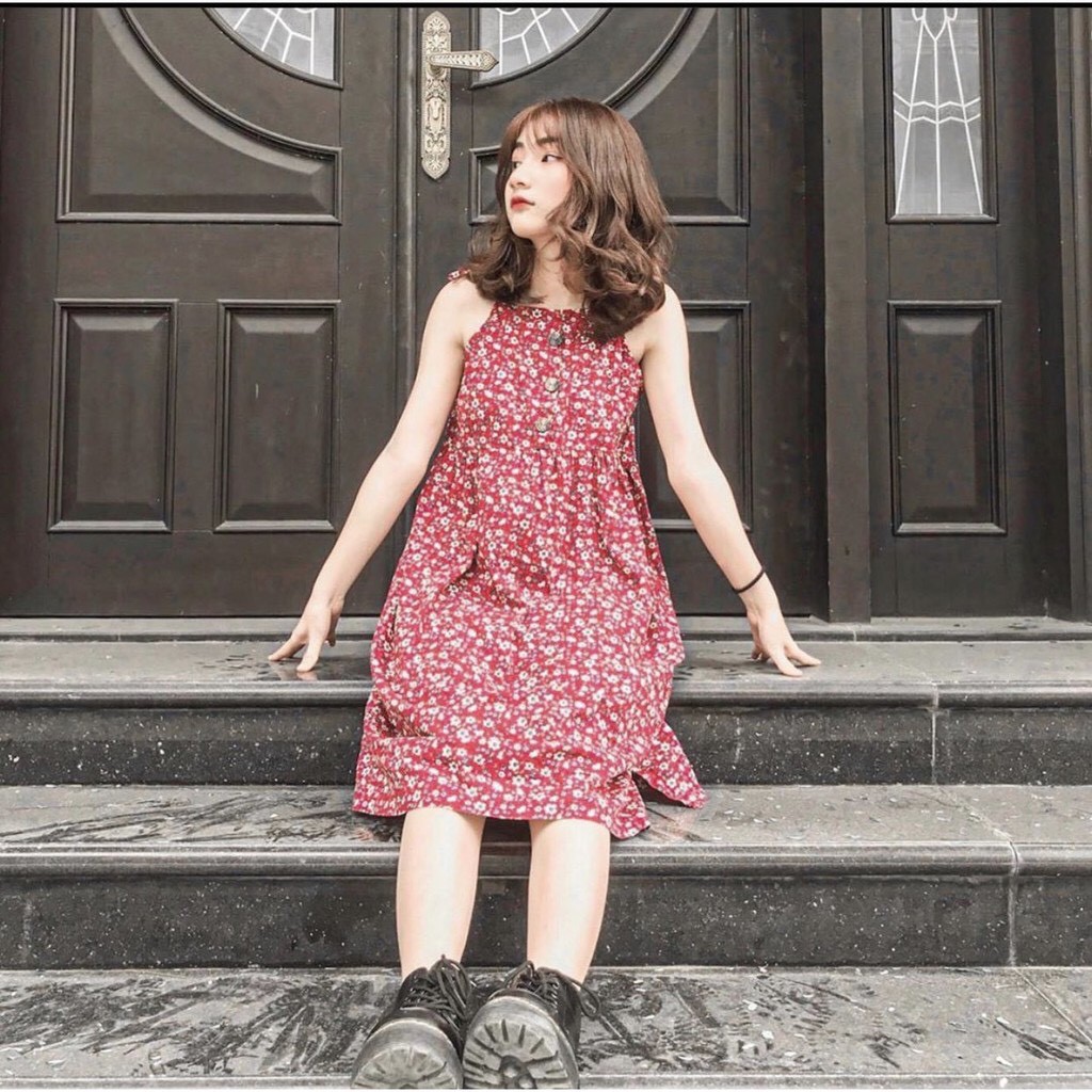 Đầm 2 Dây Nữ 🦋 Váy Hồng 2 Dây Hoa Nhí Vintage - 4BASIC | BigBuy360 - bigbuy360.vn