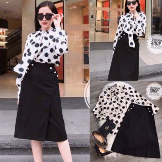 Áo sơ mi chấm bi tay dài cột nơ cổ